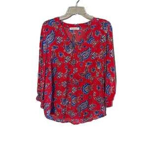 Rose & Thyme Red Blouse with Blue Floral Paisley Pattern, Size M